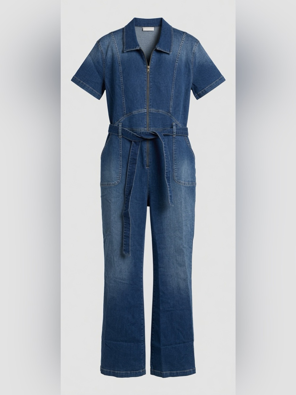 Sukiso Blue Denim Short Sleeve Zip Up Jumpsuit Belted Pockets 1X NWT